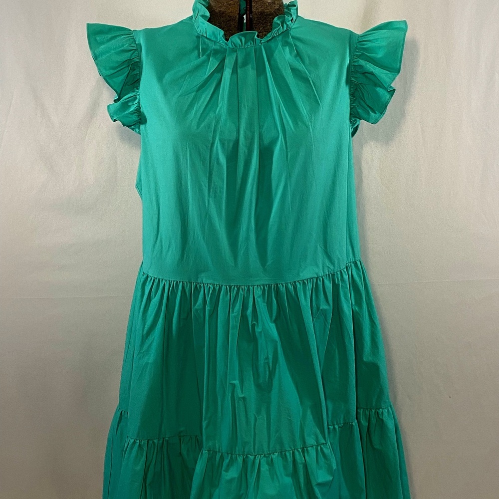 Tahari Flutter Sleeve Tiered Teal Green Dress
